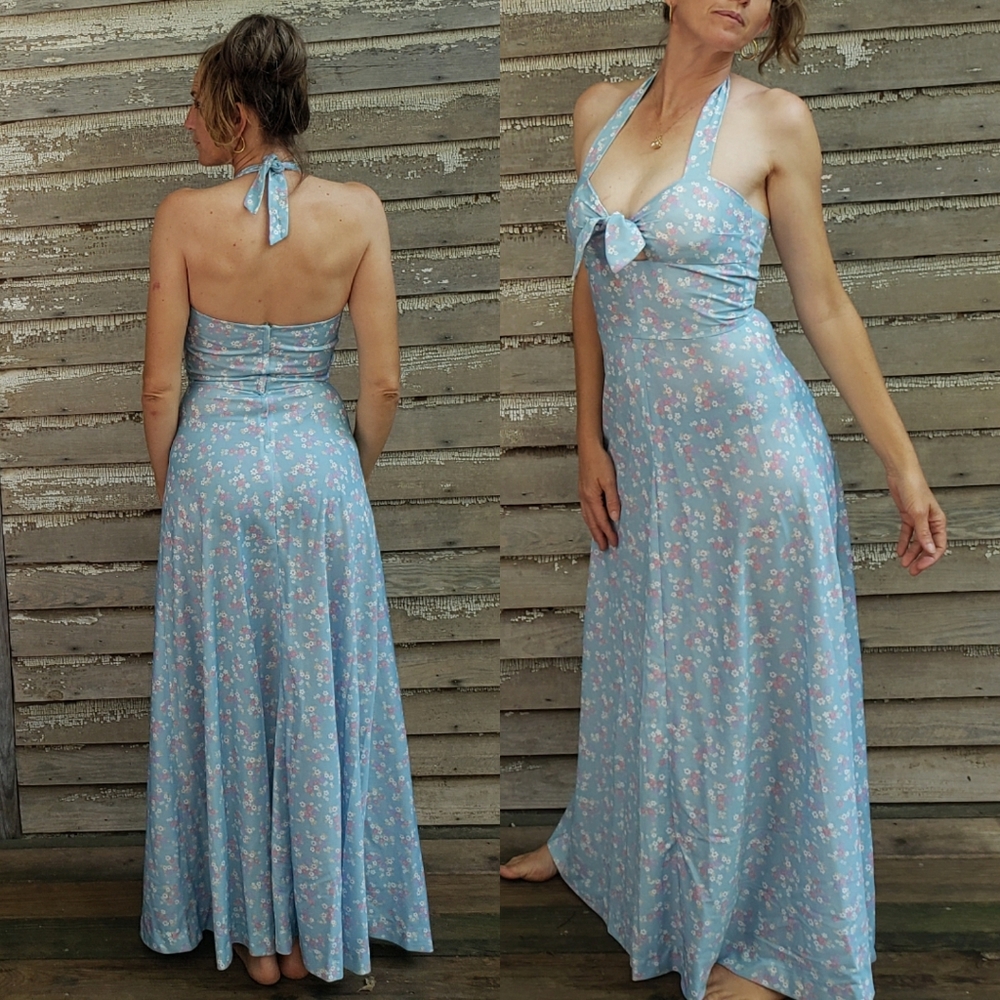VTG Handmade Ditsy Floral Halter Maxi Pin up Dress